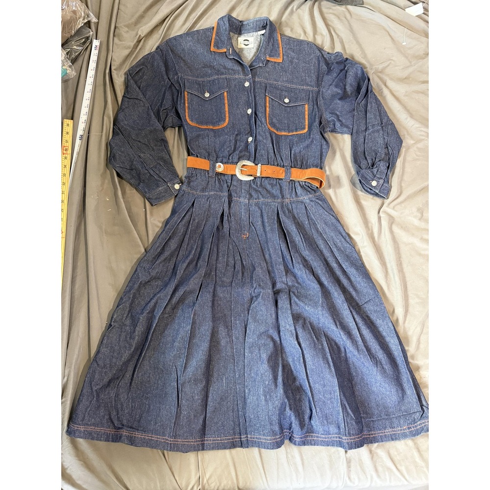 Vintage Chaus Sport Womens 16 Blue Denim Western Shirt Dress Belted Pleated Midi